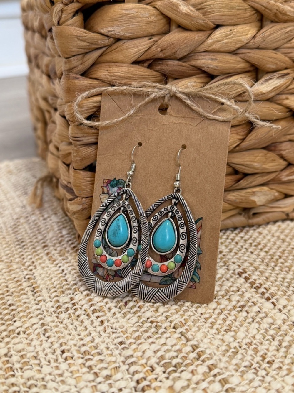 Boho Teardrop Turquoise Multicolor Stone Dangle Earrings - Picture 5 of 10